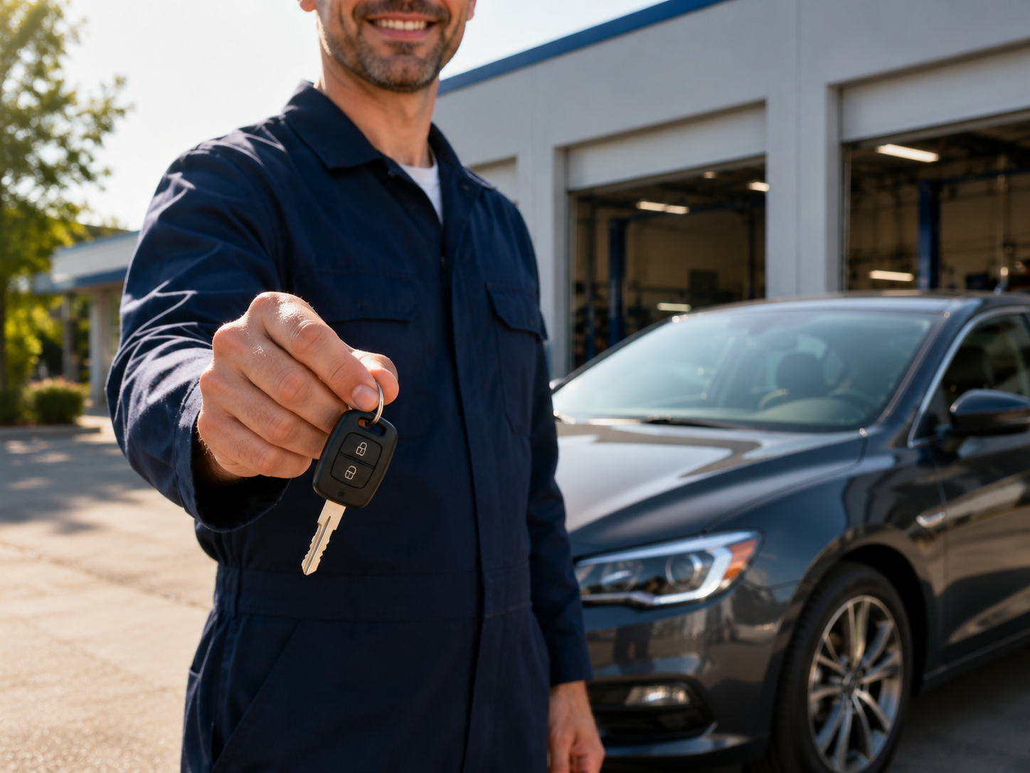 A friendly Carl's technician handing over car keys