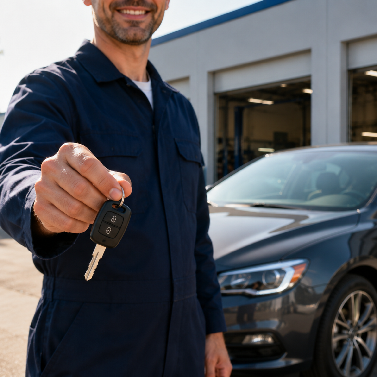 A friendly Carl's technician handing over car keys